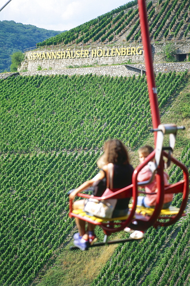 Persons in chair lift passing vineyard, Assmannshausen, Rhine District, Hesse, Germany