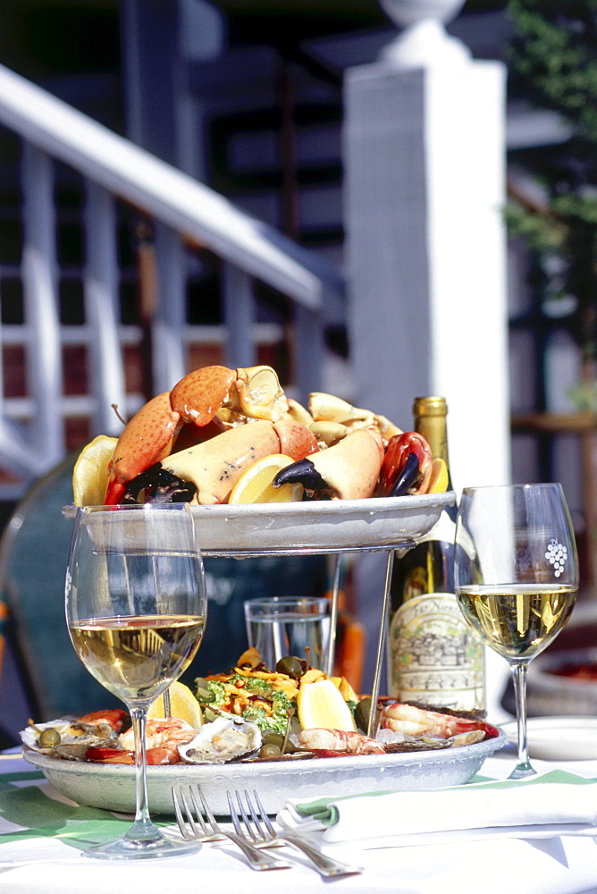 Plate of stone crabs and different shellfish and seafood, Restaurant Smith & Wollensky, South Beach, Miami, Florida, USA