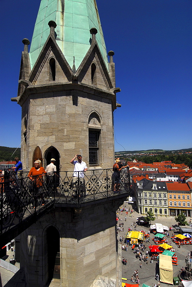 People, tourists on the platform the church tower, Meiningen, Thuringia, Germany