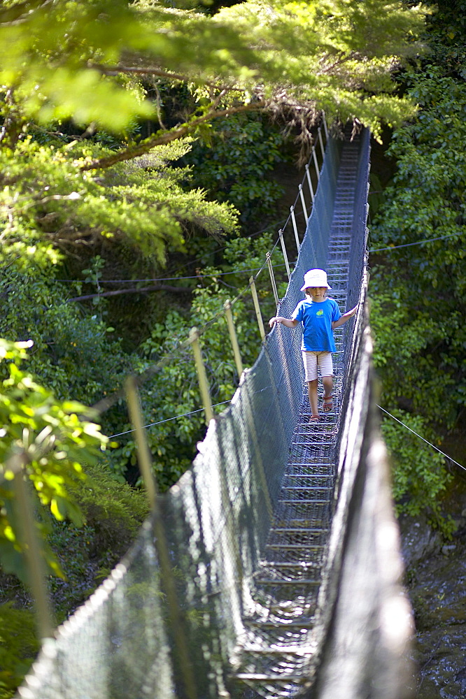 Girl on hanging bridge, rivercrossing in Abel Tasman National Park, north coast of South Island, New Zealand