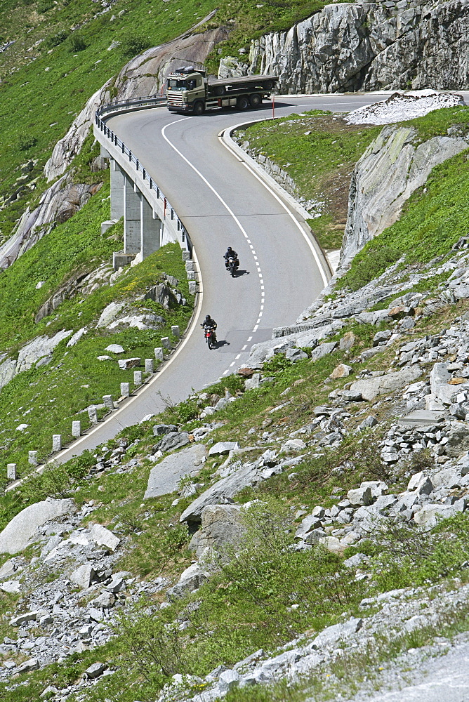 Motorbike tour in June across the Alps, Grimsel Pass, Lake Grimsel with ice floes, family touring with sidecar, girl, MR, Canton Berne, Switzerland, Europe