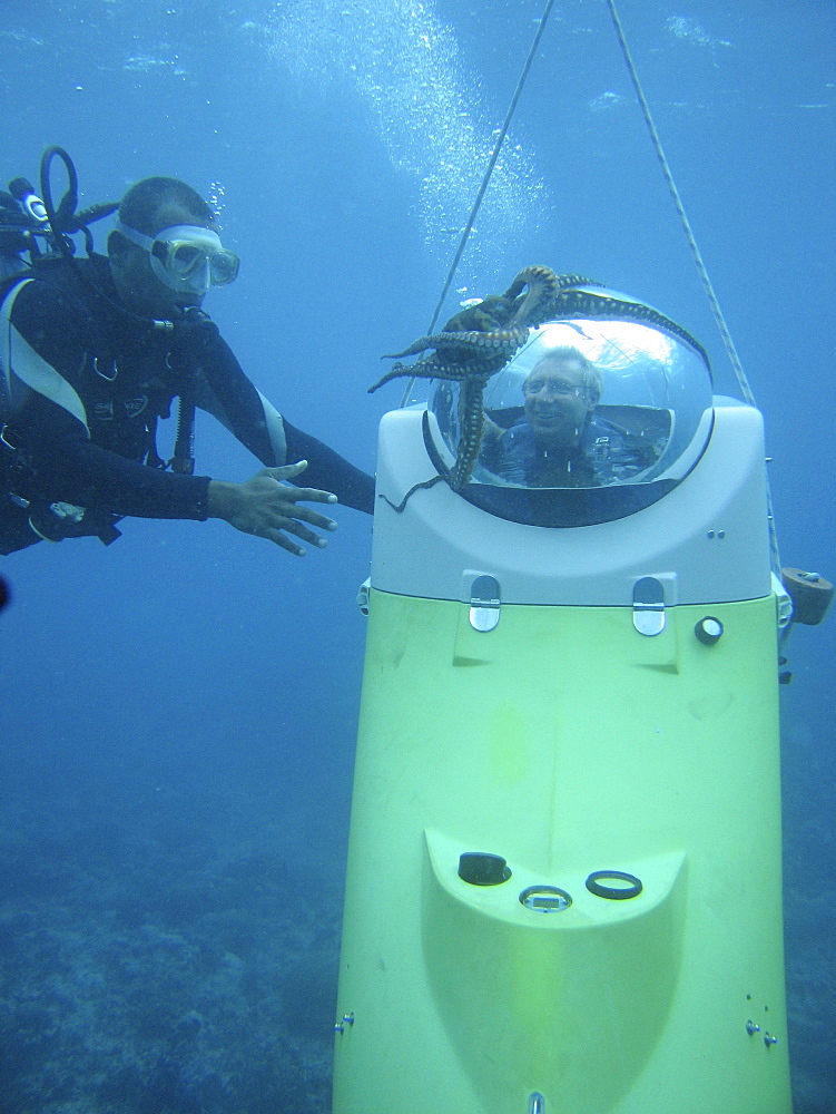 Diver and Octopus on Sub-Scooter Submarine Scooter, Blue Safari Submarine, Trou aux Biches, Riviere du Rempart District, Mauritius