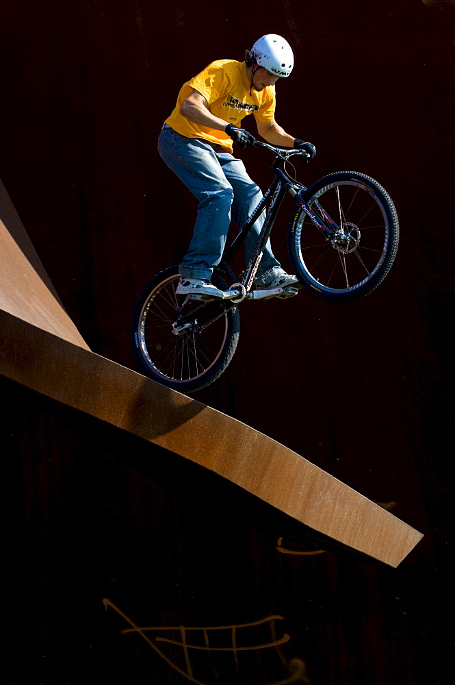 Trial biker on metal sculpture, Linz