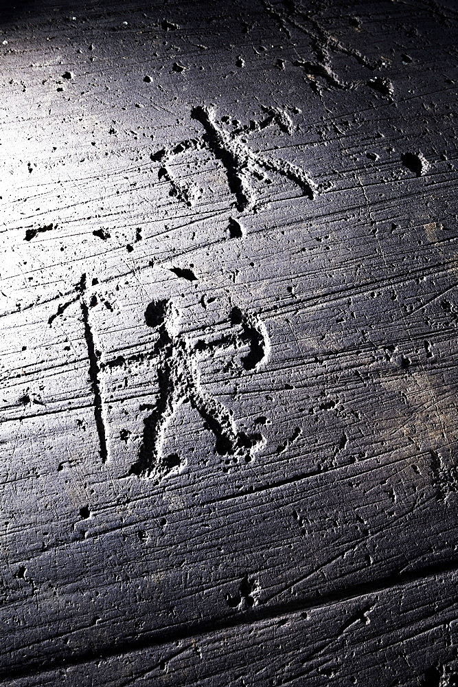 Warrior with spear and shield, Etruscan rock drawing, Seradina, Val Camonica, UNESCO World Heritage Site Val Camonica, Lombardy, Italy, Europe