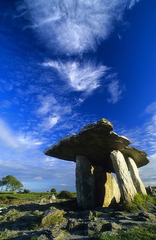 Poulnabrone Dolmen in the Burren under clouded sky, County Clare, Ireland, Europe