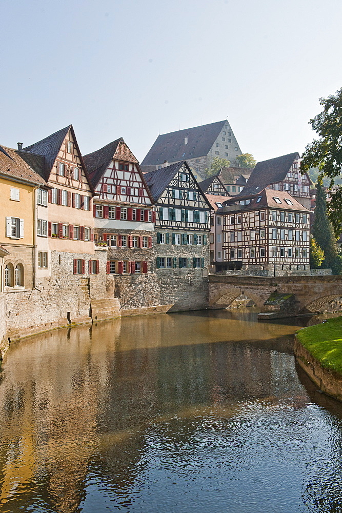 Old town of Schwaebisch Hall, houses next to the river Kocher, Baden Wuerttemberg, Germany