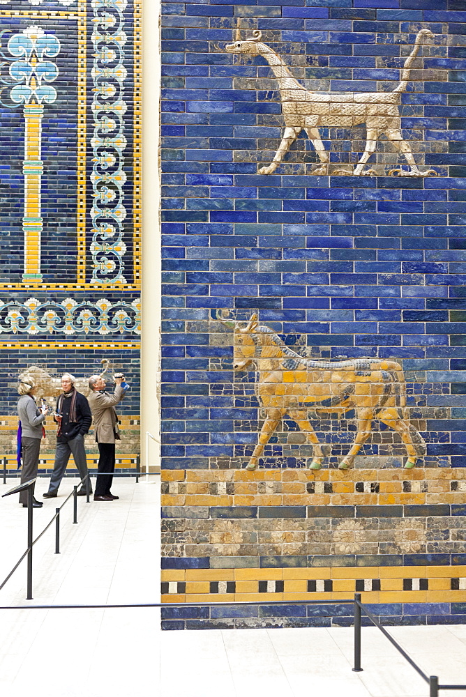 Sculpture, mural, visitors, Pergamon Museum, the Pergamon temple, antique collection, blue wall tiles, Museum Island, Berlin State Museums, Prussian Cultural Heritage Foundation, Berlin, Germany