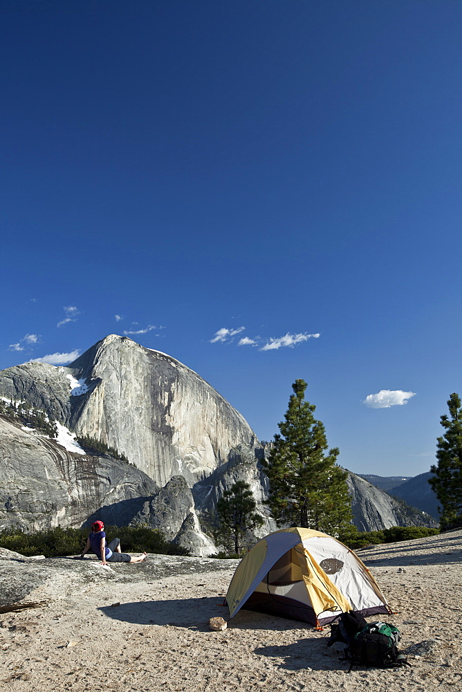 Half Dome mountain and tent in the sunlight, Yosemite National Park, California, USA, America