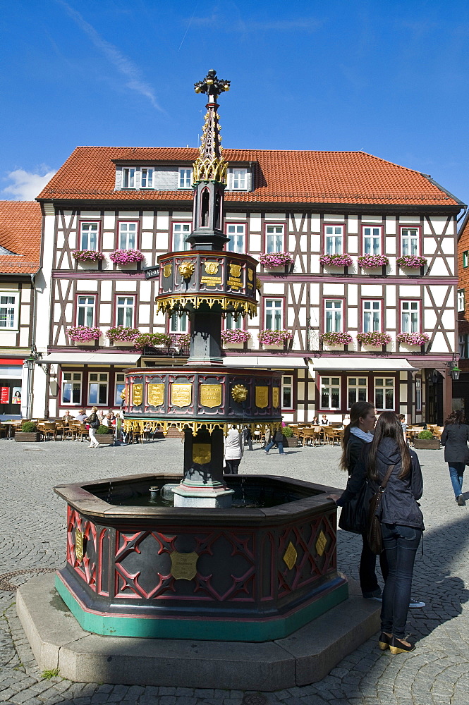 Fountain, hotel Weisser Hirsch, White Stag, Wernigerode, Harz, Saxony-Anhalt, Germany