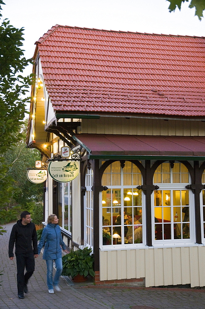 Restaurant at dusk, Schierke, Harz, Saxony-Anhalt, Germany