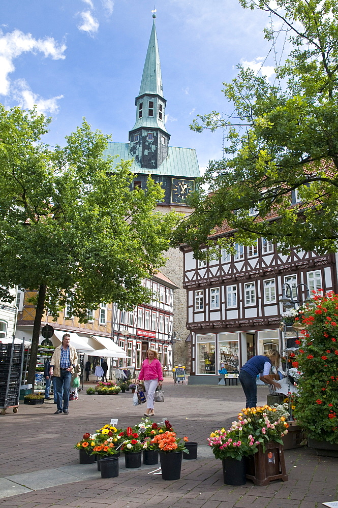 Flower stand in the Market Square, St Aegidien church, timber framed houses, down town, Osterode am Harz, Harz, Lower Saxony, Germany