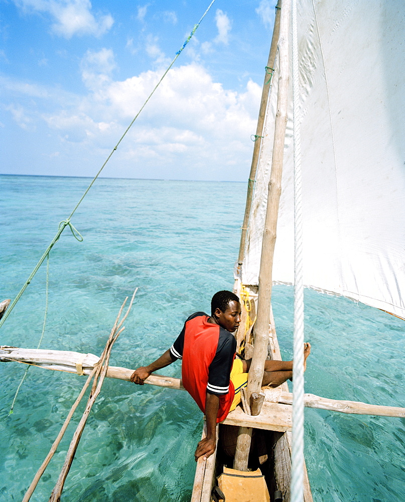 Sailing trip with traditional canoe, near Matemwe village, ahead the north eastern shore, Zanzibar, Tanzania, East Africa