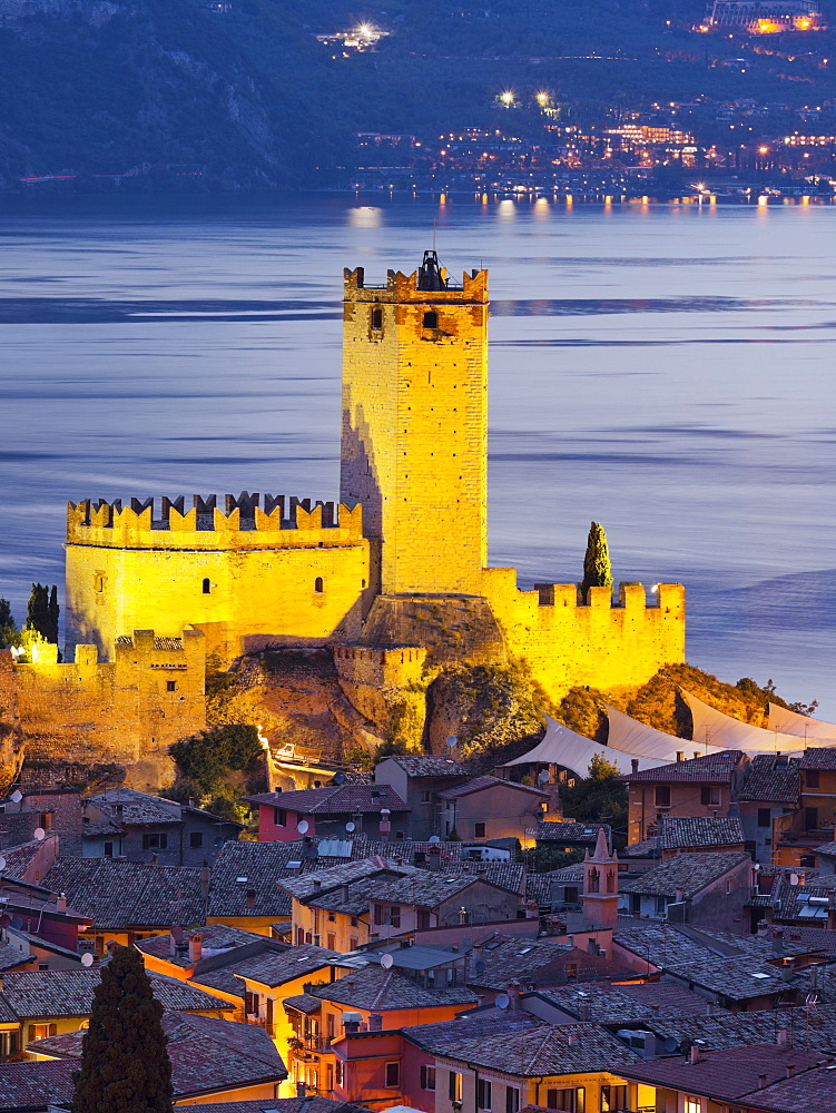 Malcesine castle in the evening light, Lake Garda, Malcesine, Veneto, Italy