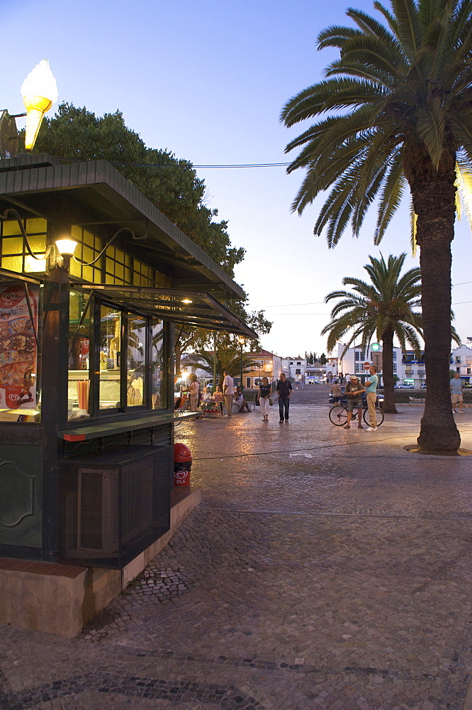 Kiosk and park on the river bank at evening, Tavira, Algarve, Portugal, Europe