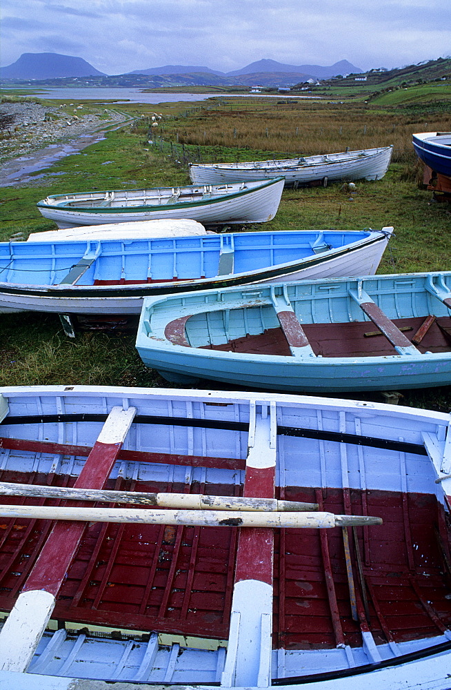 Rowing boats along the coast in Gortahork, County Donegal, Ireland, Europe