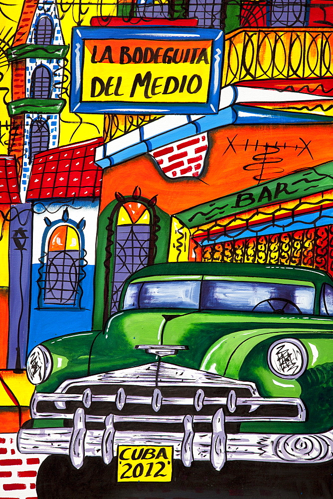 Detail of colorful painting featuring a vintage American car and La Bodeguita del Medio bar, Havana, Havana, Cuba, Caribbean