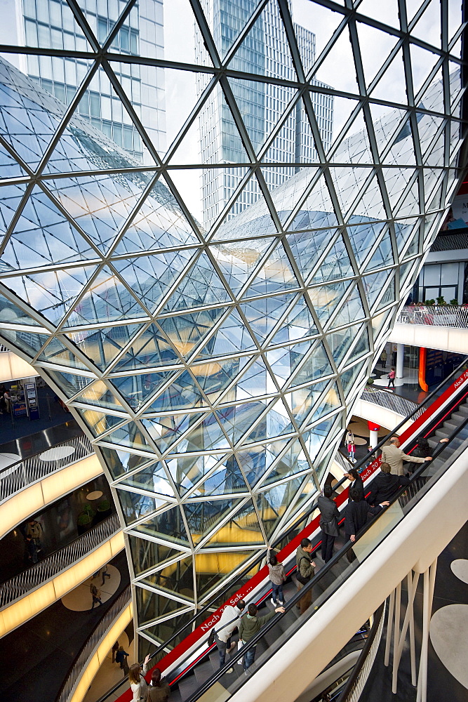 Glass and escalator at the MyZeil shopping mall, designed by Massimiliano Fuksas, Frankfurt, Hesse, Germany, Europe