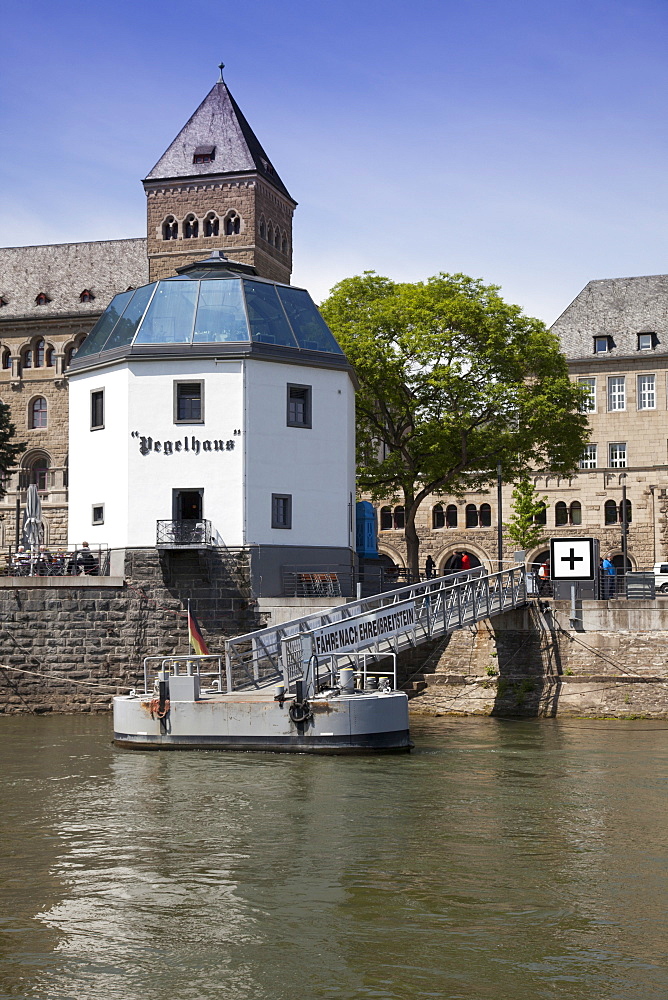 Pegelhaus and pier on Rhine river, Koblenz, Rhineland-Palatinate, Germany, Europe