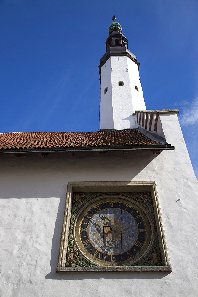 Wooden medieval clock at the Holy Ghost Church, Tallinn, Harjumaa, Estonia, Baltic States, Europe