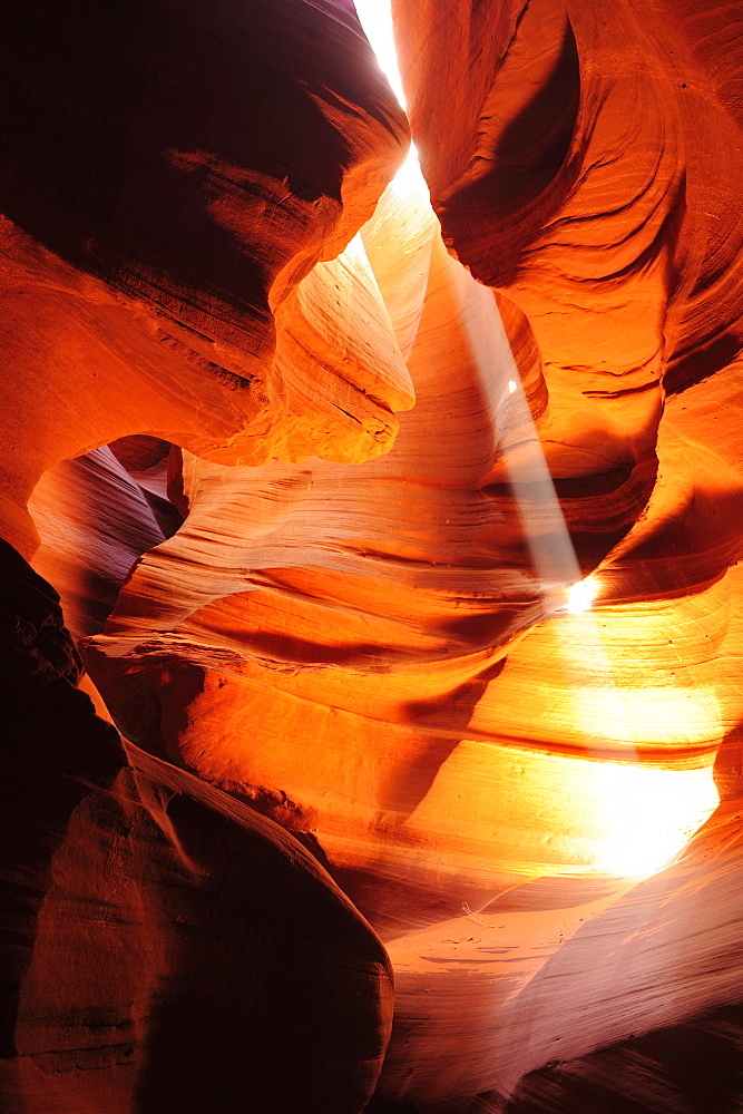 Sunbeams falling in colourful sandstone slot canyon, Upper Antelope Canyon, Antelope Canyon, Page, Arizona, Southwest, USA, America