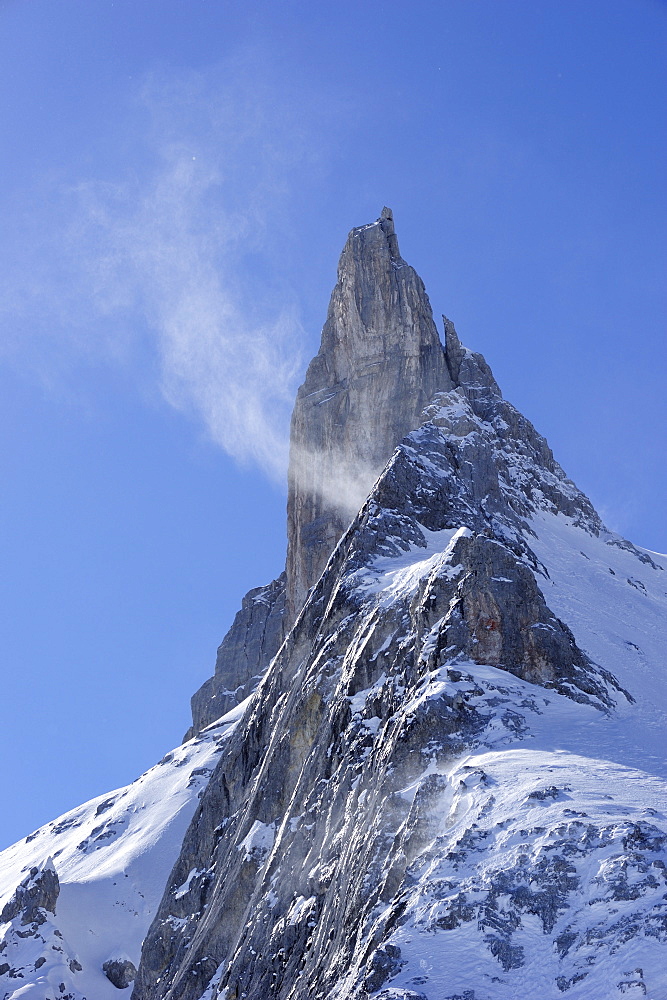 Snow blowing towards Kleiner Turm, Drei Tuerme, Raetikon, Montafon, Vorarlberg, Austria