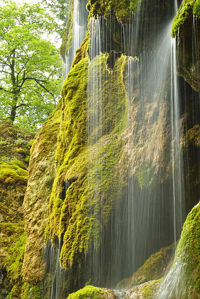 Water running over a moss-covered rock face, Schleierfall, Schleier waterfall, Ammer, Pfaffenwinkel, Garmisch, Upper Bavaria, Bavaria, Germany