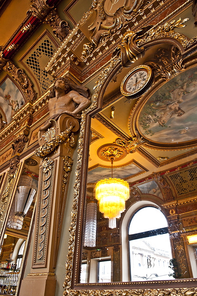 Ceiling with statue and watches, La Bibent Restaurant, Toulouse, Midi-Pyrenees, France