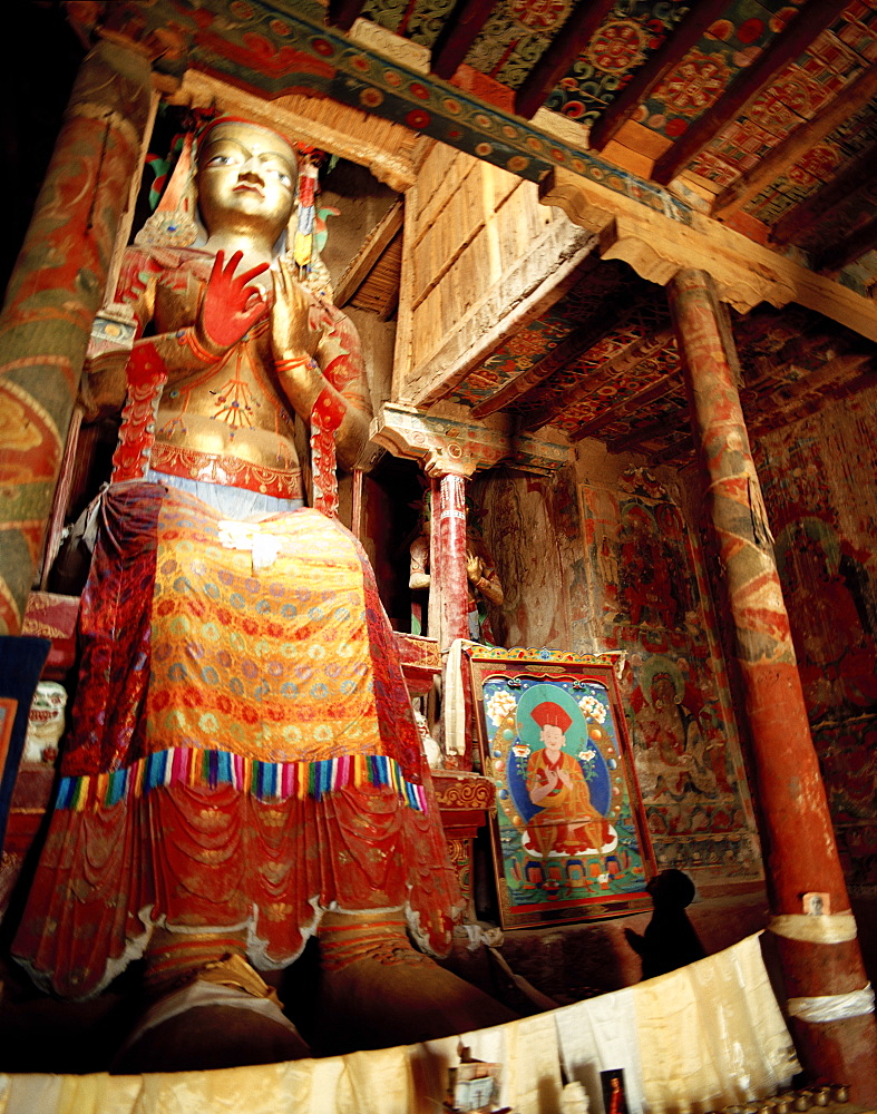 4 storied Buddha statue Maitreya Temple at Basgo Palace, 14th century, former kings palace, Unesco World Cultural Heritage, Indus valley, Ladakh, Jammu and Kashmir, India