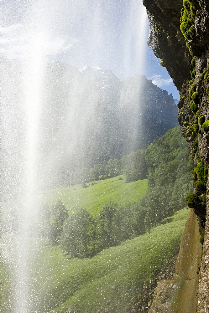 Staubbach Falls in the sunlight, Lauterbrunnen, canton of Bern, Switzerland, Europe