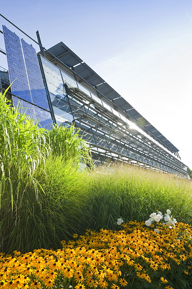 Facade of the solar factory, Freiburg im Breisgau, Black Forest, Baden-Wuerttemberg, Germany, Europe