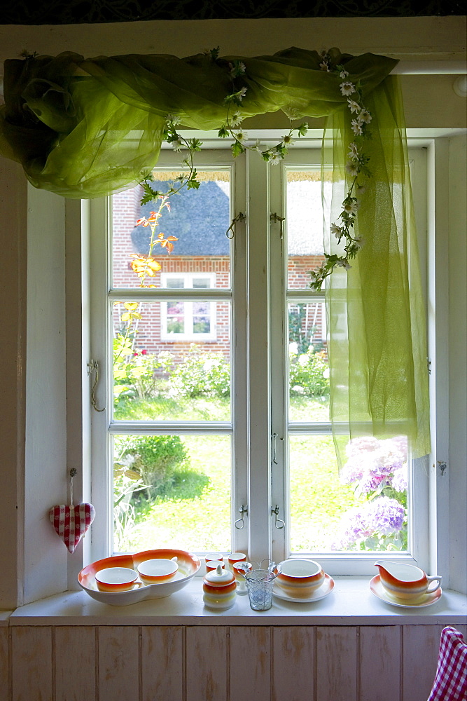 Window at Stelly's Huus, restaurant and cafe, Oevenum, Foehr, North Frisian Islands, Schleswig-Holstein, Germany, Europe