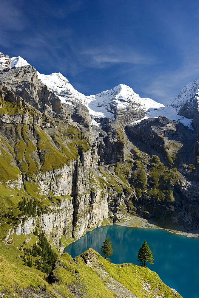 View of lake Oeschinensee, Kandersteg, Bernese Oberland, Canton of Bern, Switzerland, Europe