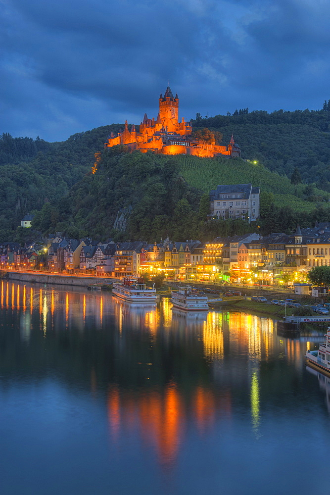 View at Cochem with Castle at dusk, Moselle, Rhineland-Palatine, Germany