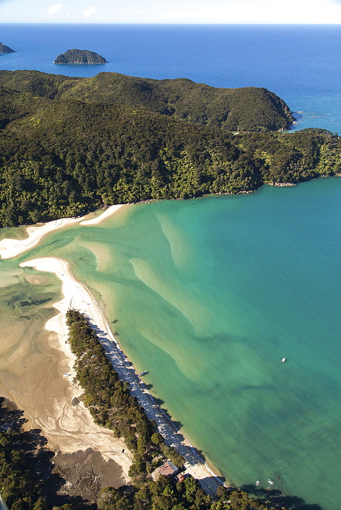 Aerial view of the Awaroa Inlet, turquoise colour of the sea, Abel Tasman National Park, Tasman District, South Island, New Zealand