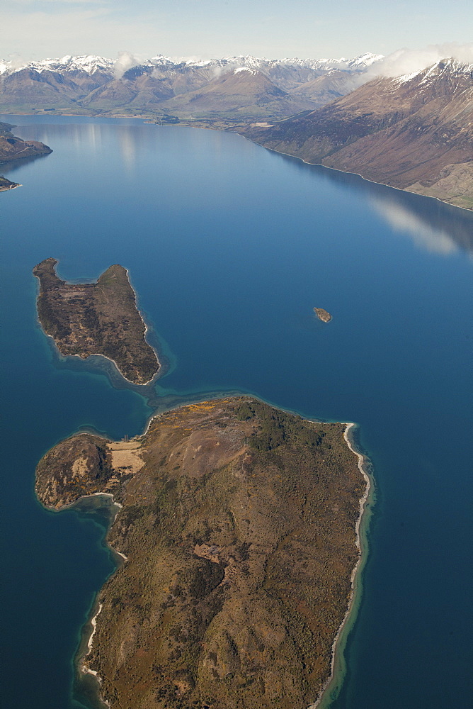 Aerial view of Lake Wakatipu, Pigeon and Pig Islands, Queenstown, Oatgo, South Island, New Zealand