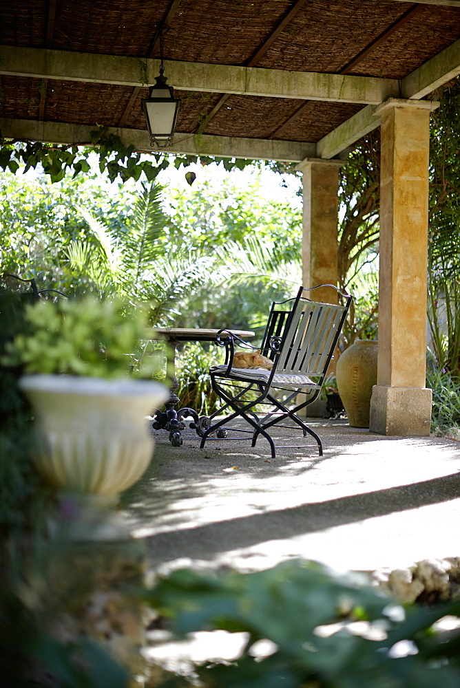 Terrace of Finca Raims, rebuilt vineyard and country hotel, Algaida, Mallorca, Balearic Islands, Spain