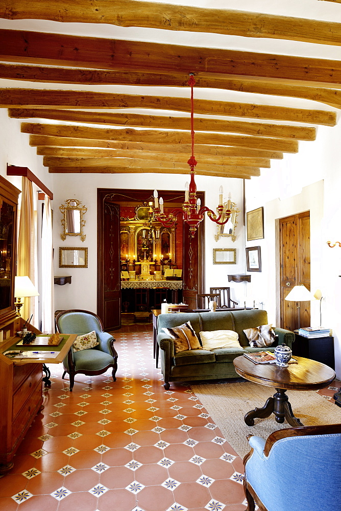 Parlour with antlered chapel of the old vineyard, Finca Raims, rebuilt vineyard and country hotel, Algaida, Mallorca, Balearen, Spanien