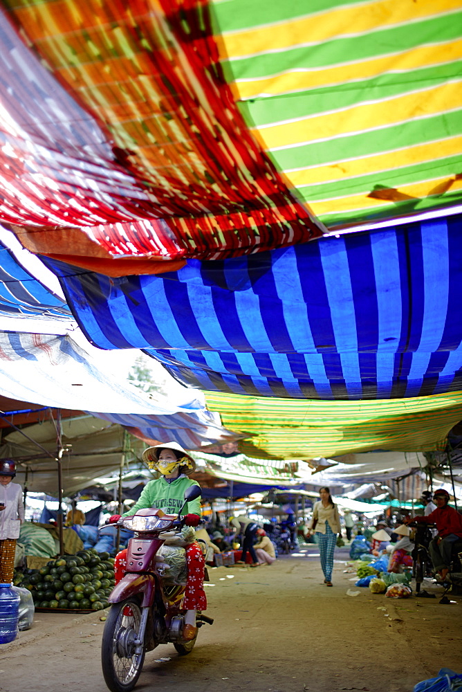 Market stalls under colourful canvas, Sa Dec, Dong Thap Province, Vietnam