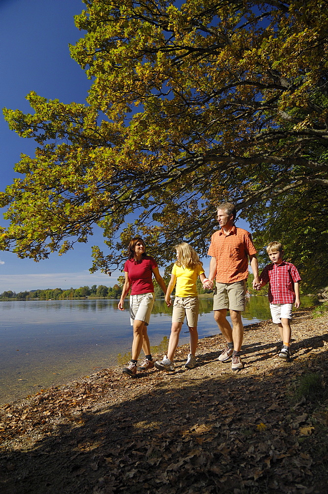 Family walking along the lake shore of Lake Saffelsee, Upper bavaria, Bavaria, Germany