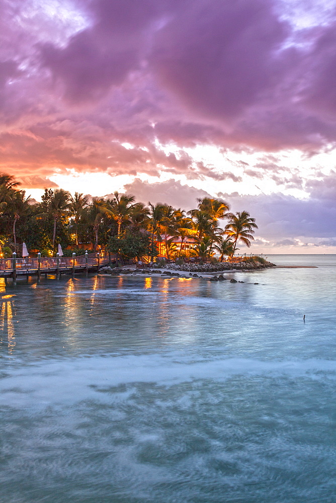 Restaurant DINING ROOM after sunset, Little Palm Island Resort, Florida Keys, USA