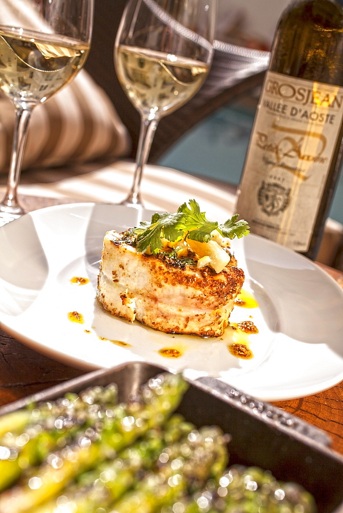 Spiced grilled swordfish with preserved lemon, coriander and olive oil dressing, Restaurant BLT Steak at Hotel The Betsy, Ocean Drive, South Beach, Miami, Florida, USA