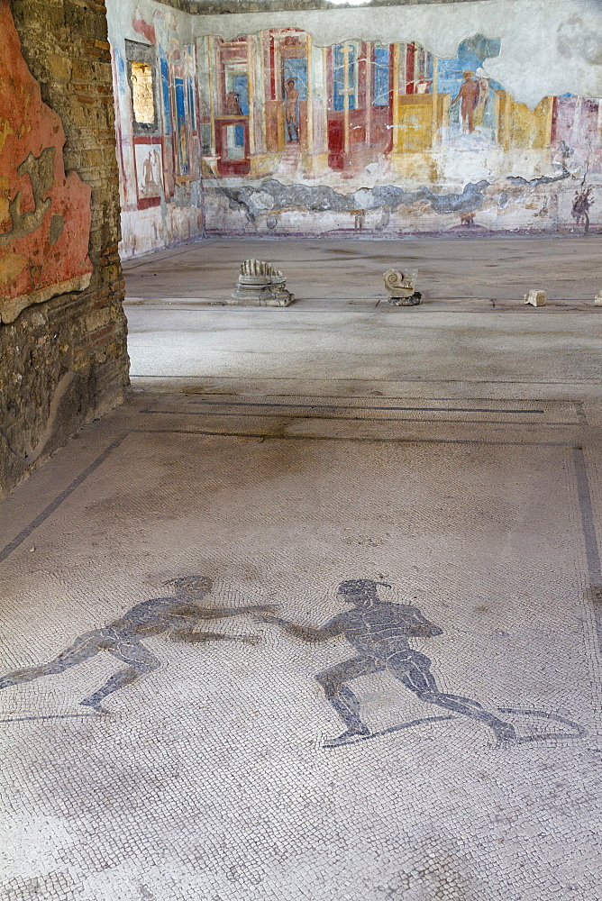 Mosaic of two athletes in the entrance corridor at house VII.2.23, historic town of Pompeii in the Gulf of Naples, Campania, Italy, Europe