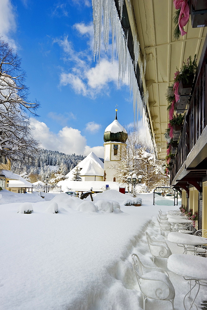 Hotel Adler and church, Hinterzarten, Black Forest, Baden-Wuerttemberg, Germany