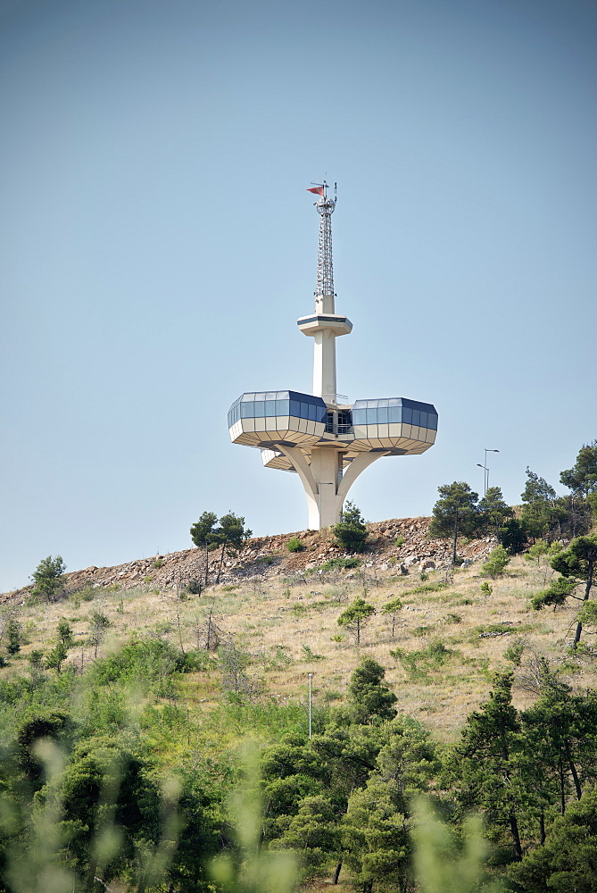 Radio control tower with view platform, Socialist architecture in the capital Podgorica, Montenegro, Western Balkan, Europe