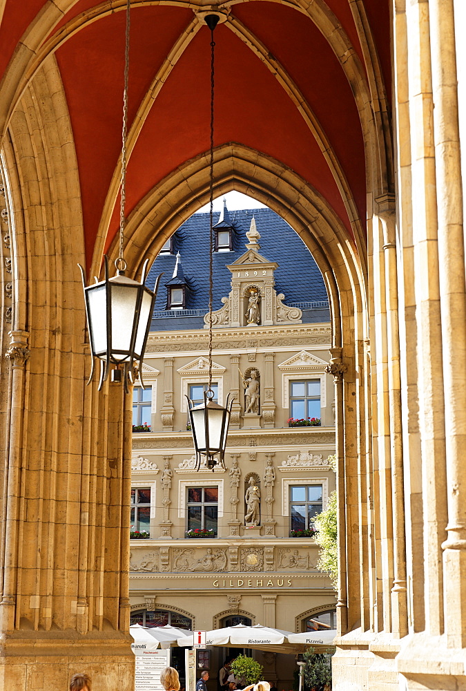 View from the City Hall to the Guild House, Fish Market, Erfurt, Thuringia, Germany