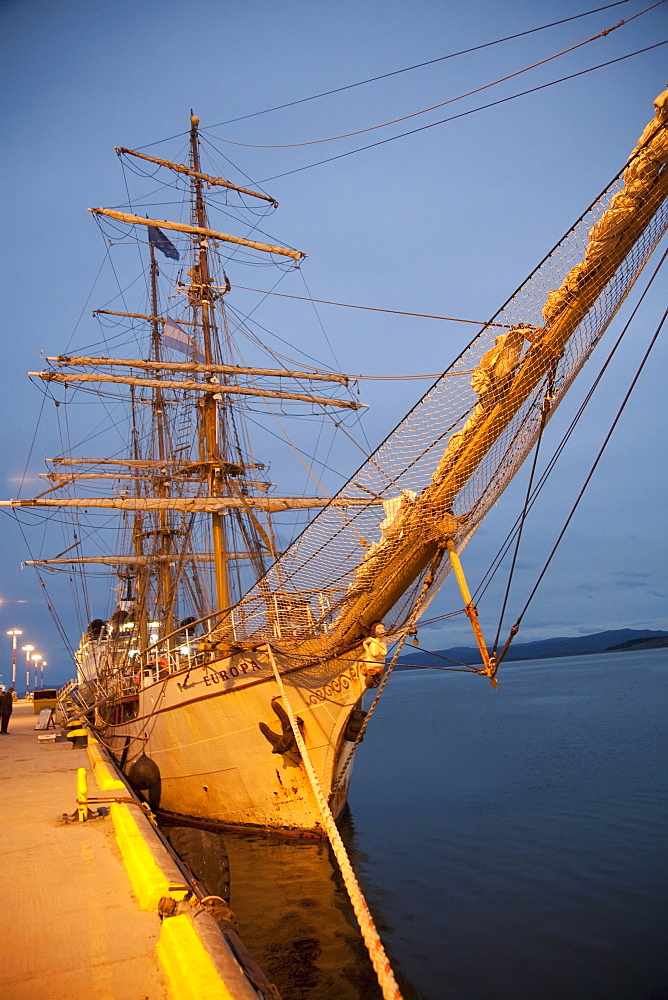 Barque 'Europa' in the harbour at night, Ushuaia, Argentine Patagonia, Tierra del Fuego, Argentina