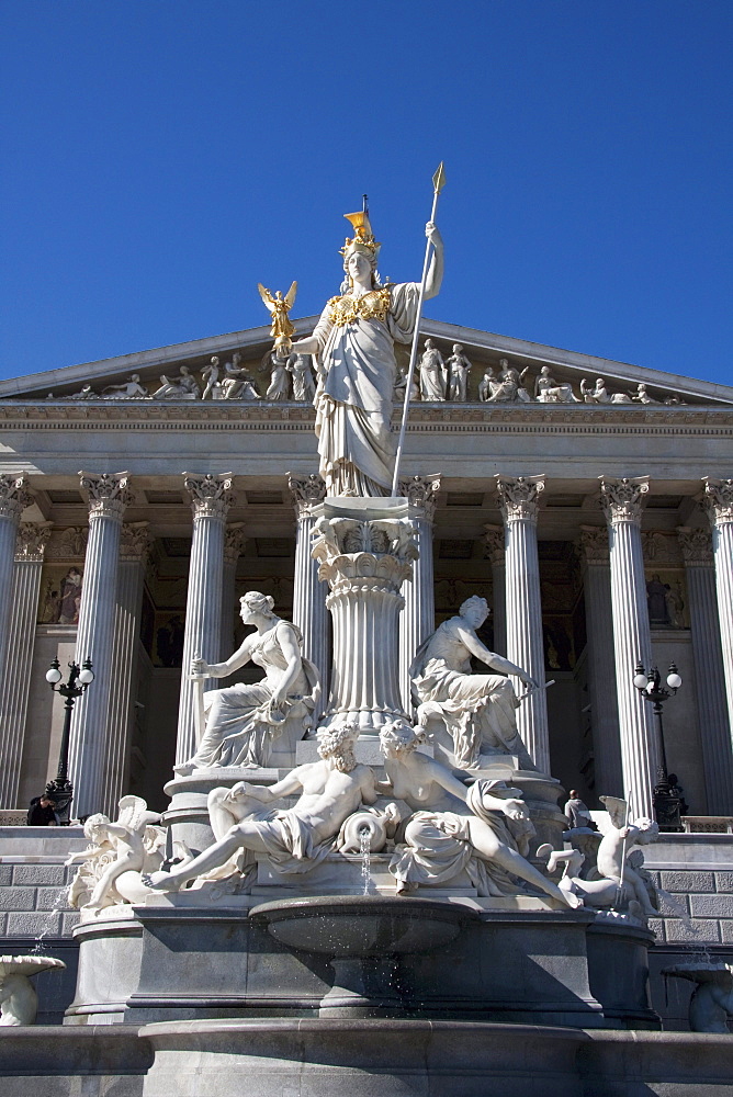 Pallas Athena statue in the Athenenbrunnen fountain in front of the Parliament building, Vienna (Wien), Austria