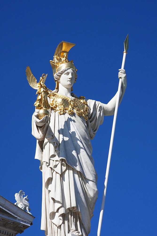 Pallas Athena statue in the Athenenbrunnen fountain in front of the Parliament building, Vienna (Wien), Austria