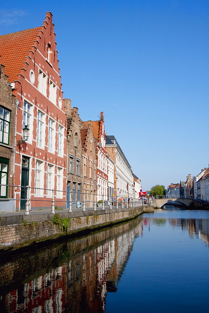 Buildings in the Hanseatic Quarter, as seen from a canal, Bruges (Brugge), West Flanders, Belgium