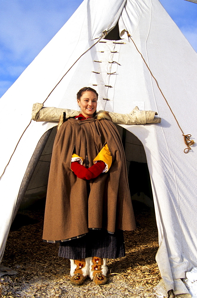 Girl in Metis Dress in front of Teepee, Festival du Voyageur, Winnipeg, Manitoba